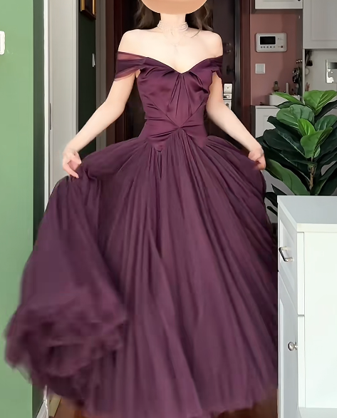 Cute Cup Sleeves A-Line Grape Long Prom Dresses Satin Grape Birthday Dresses ED05128