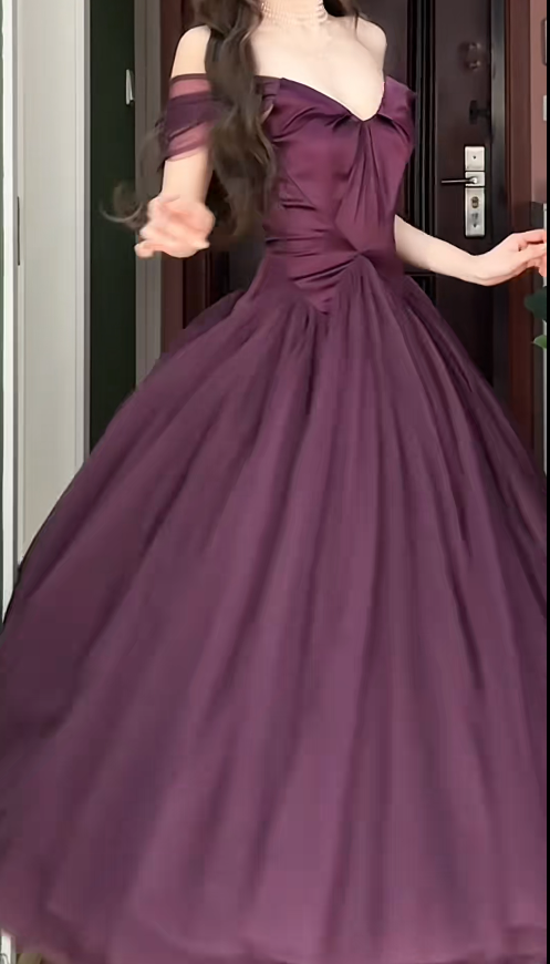 Cute Cup Sleeves A-Line Grape Long Prom Dresses Satin Grape Birthday Dresses ED05128