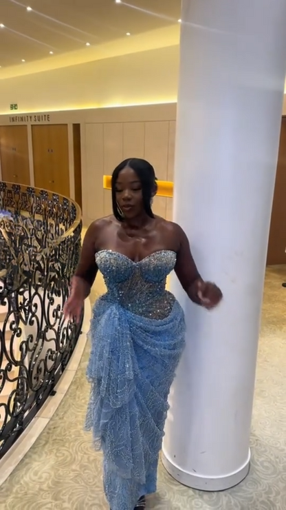 Sexy Sweetheart Neck Sheath Blue Long Prom Dresses Lace Beaded Blue Formal Dresses ED05131