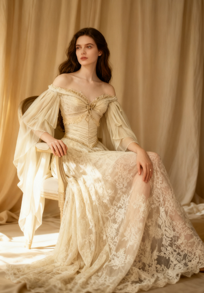 Elegant Off-shoulder A-Line Beige Long Wedding Dresses Chiffon Lace Beige Bridal Dresses ED05137