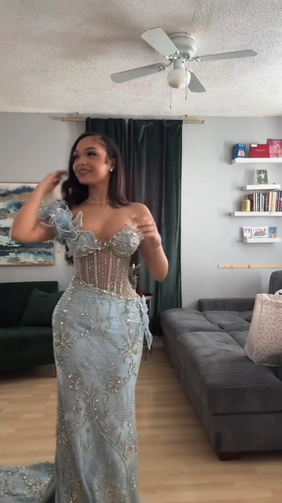 Robes d'anniversaire élégantes bleu dégradé, col en V, paillettes, mousseline, fourreau, robes de bal, robes de soirée ED04456