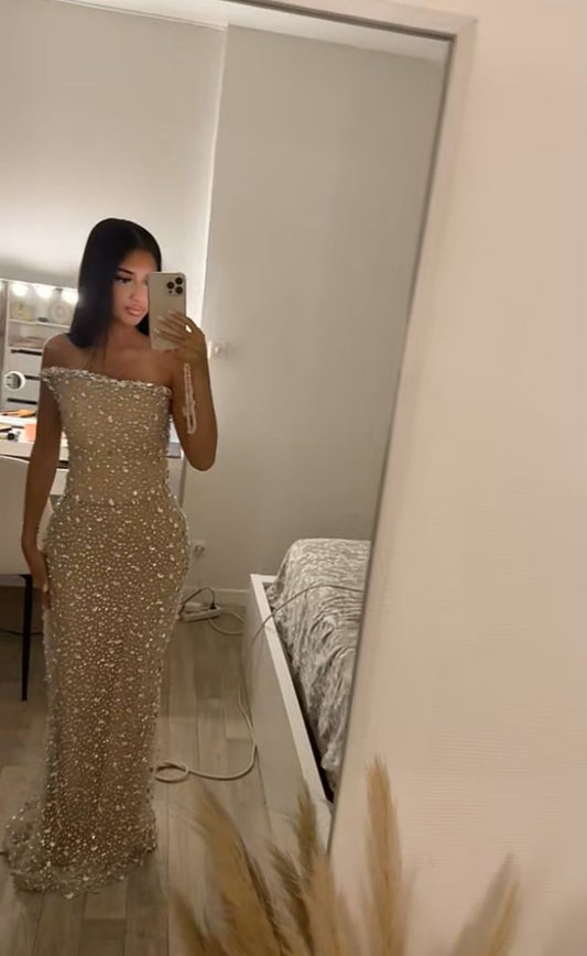 Elegant Strapless Sheath Champagne Long Prom Dresses Tulle Rhinestone Champagne Evening Gowns ED05146