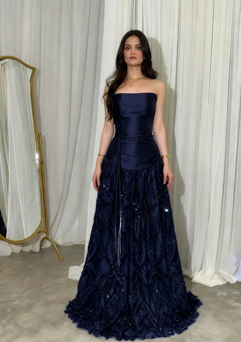 Midnight Blue Strapless A-lineSatin Sequins Long Formal Dress