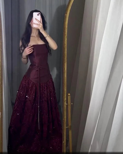 Burgundy Strapless A-line Satin Sequins Long Formal Dress