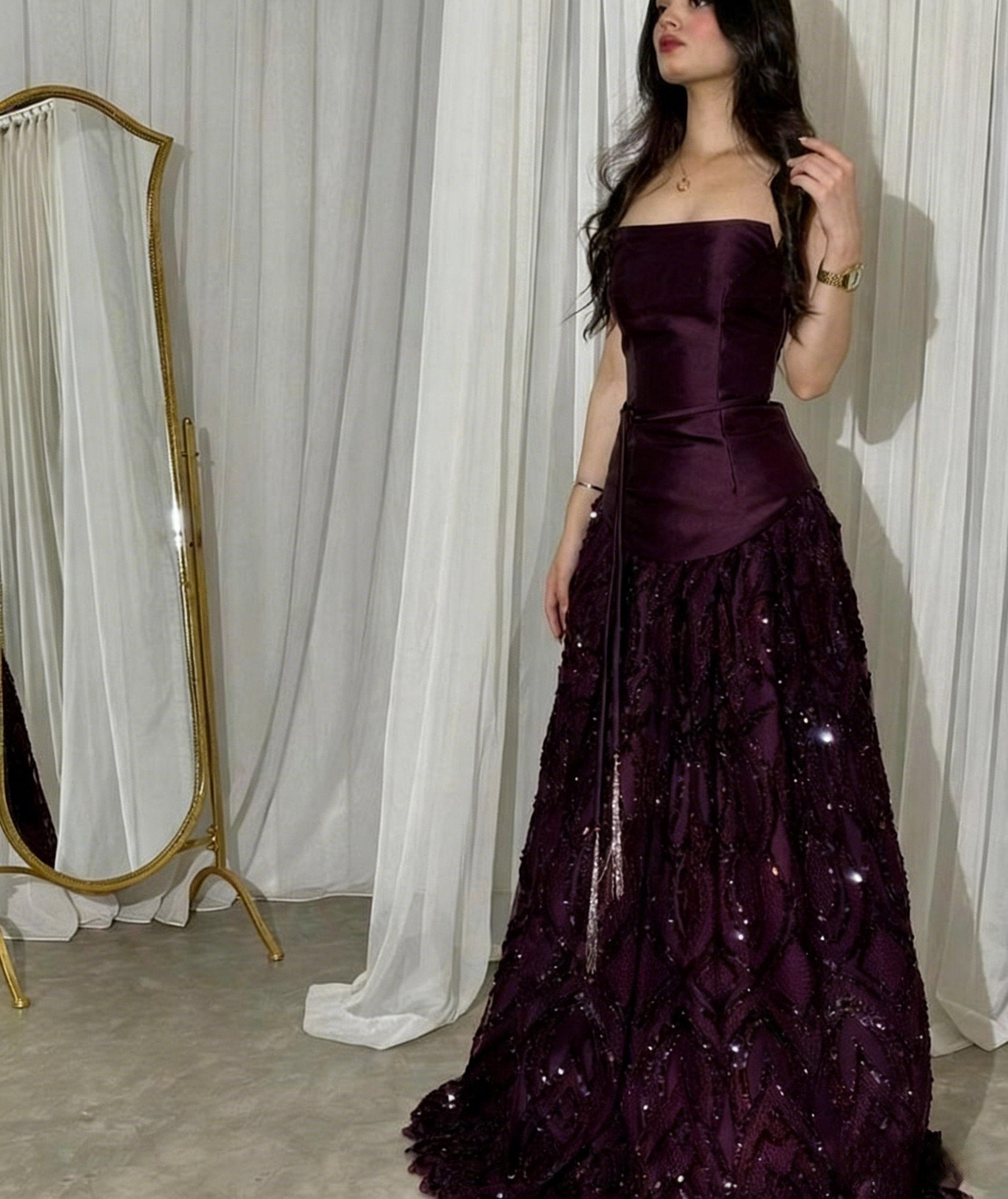 Dark Purple Strapless A-line Satin Sequins Long Formal Dress