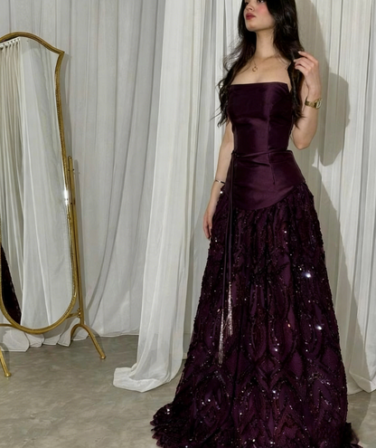 Dark Purple Strapless A-line Satin Sequins Long Formal Dress