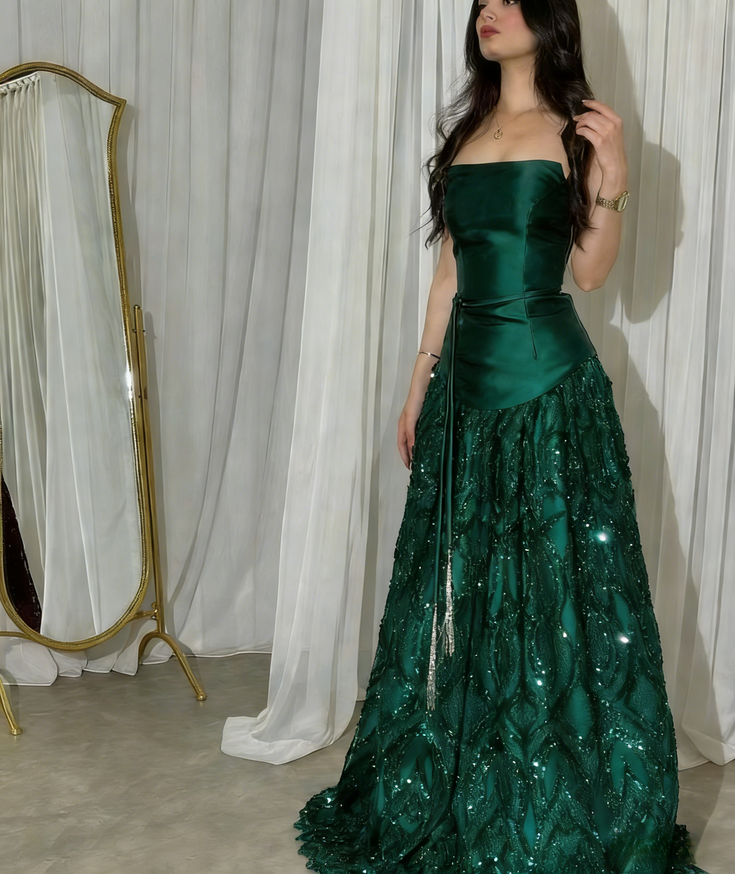 Dark Green Strapless A-line Satin Sequins Long Formal Dress