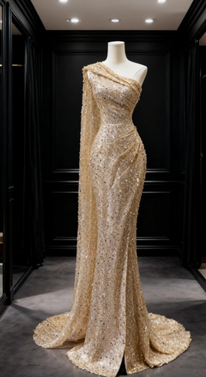 Elegant One Shoulder Mermaid Gold Long Prom Dresses Sequins Gold Evening Dresses ED05153