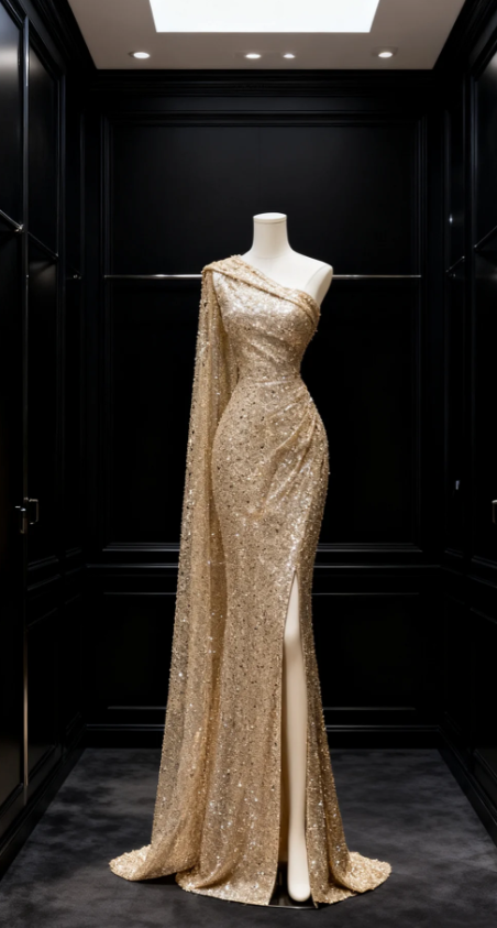 Elegant One Shoulder Mermaid Gold Long Prom Dresses Sequins Gold Evening Dresses ED05153