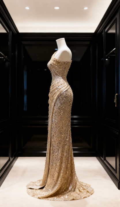 Elegant One Shoulder Mermaid Gold Long Prom Dresses Sequins Gold Evening Dresses ED05153
