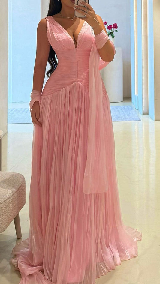 Elegant V-neck Sheath Pink Long Prom Dresses Chiffon Pleated Pink Evening Dresses ED05154