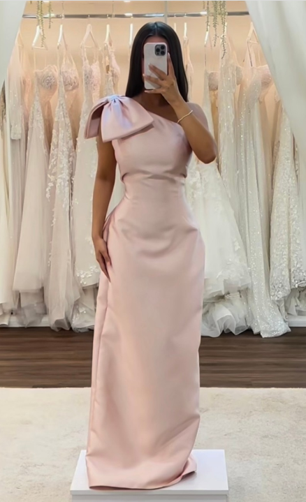 Elegant One-shoulder Sheath Pink Long Prom Dresses Satin Pink Wedding Guest Dresses ED05156