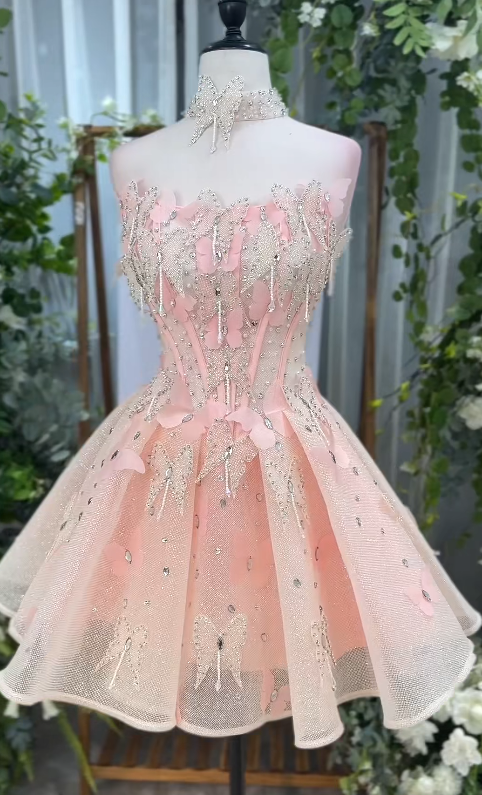 Cute Strapless A-Line Pink Short Prom Dresses Tulle Pink Party Dresses ED05163