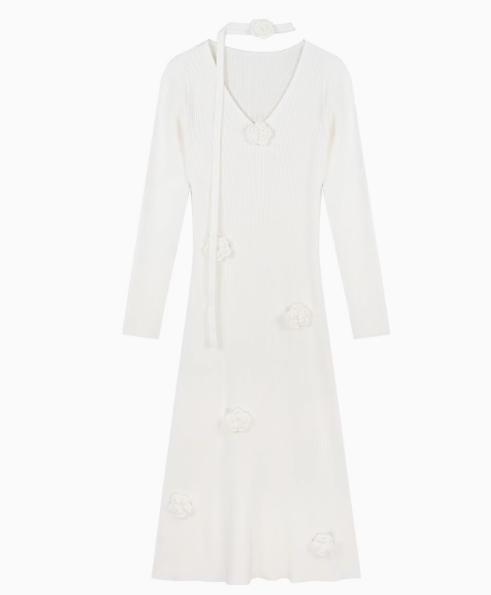 Robe tricotée à manches longues et col en V avec motif floral 3D ED0516