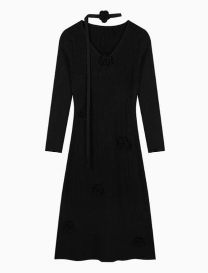 Robe tricotée à manches longues et col en V avec motif floral 3D ED0516