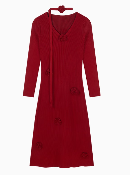 Robe tricotée à manches longues et col en V avec motif floral 3D ED0516
