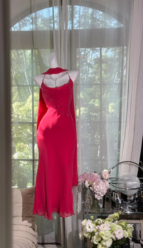 Vintage Spaghetti Straps Sheath Prom Dresses Chiffon Beaded Hot Pink Formal Dresses ED05171