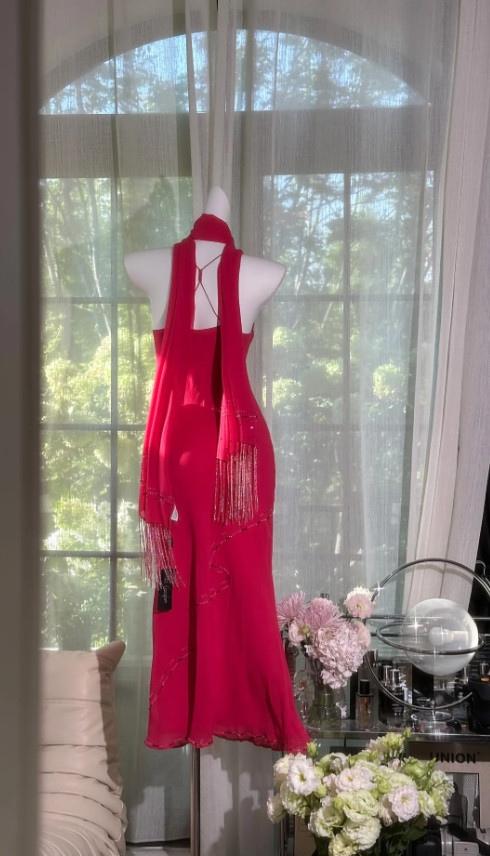 Vintage Spaghetti Straps Sheath Prom Dresses Chiffon Beaded Hot Pink Formal Dresses ED05171