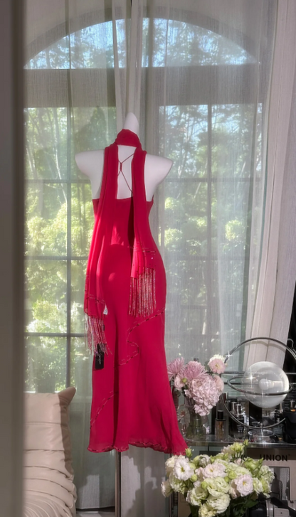 Vintage Spaghetti Straps Sheath Prom Dresses Chiffon Beaded Hot Pink Formal Dresses ED05171