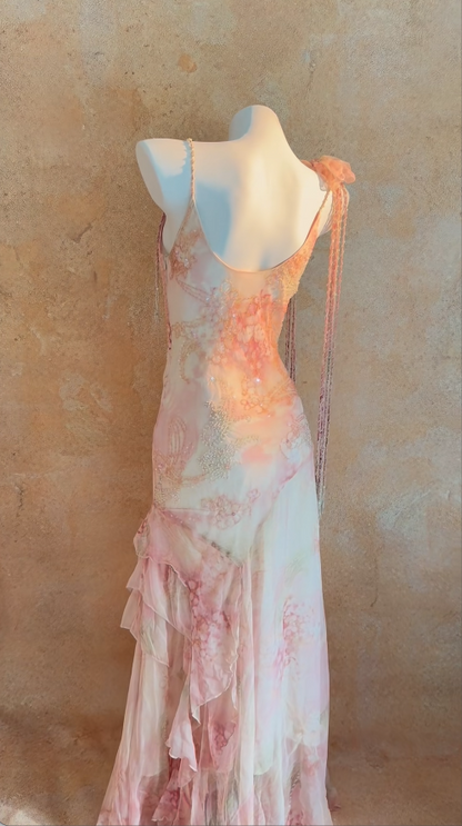 Vintage Spaghetti Straps Sheath Long Prom Dresses, Cinderella Chiffon Beaded Formal Dresses ED05172