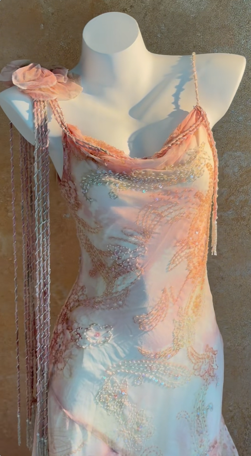 Vintage Spaghetti Straps Sheath Long Prom Dresses, Cinderella Chiffon Beaded Formal Dresses ED05172