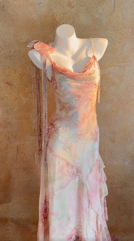 Vintage Spaghetti Straps Sheath Long Prom Dresses, Cinderella Chiffon Beaded Formal Dresses ED05172