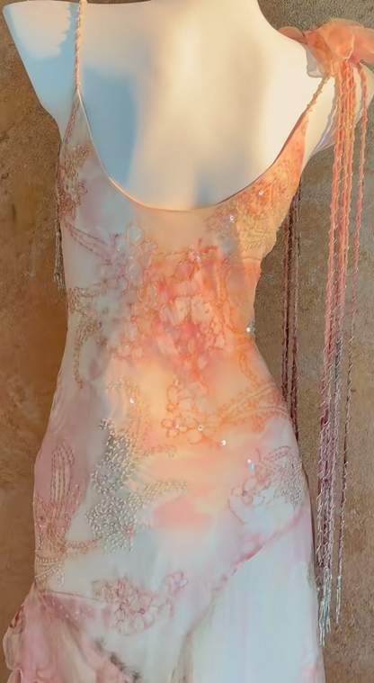 Vintage Spaghetti Straps Sheath Long Prom Dresses, Cinderella Chiffon Beaded Formal Dresses ED05172