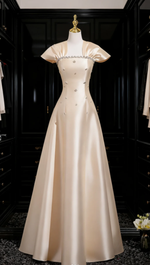 Elegant A-Line Champagne Long Prom Dresses, Satin Beaded Champagne Evening Dresses ED05173