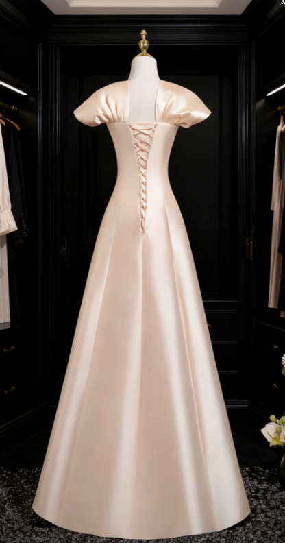 Elegant A-Line Champagne Long Prom Dresses, Satin Beaded Champagne Evening Dresses ED05173