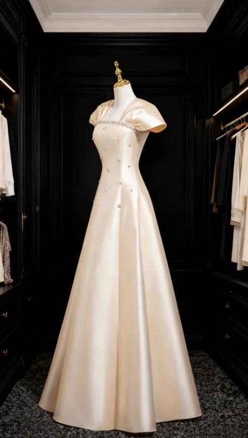 Elegant A-Line Champagne Long Prom Dresses, Satin Beaded Champagne Evening Dresses ED05173