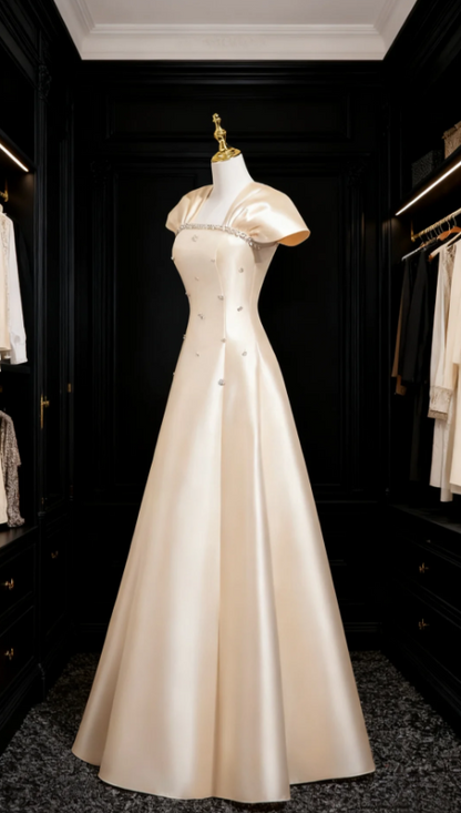 Elegant A-Line Champagne Long Prom Dresses, Satin Beaded Champagne Evening Dresses ED05173