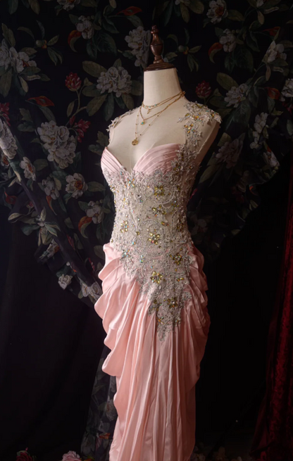 Glam Sweetheart Neck Sheath Pink Long Prom Dresses Satin Applique Pink Evening Dresses ED05174