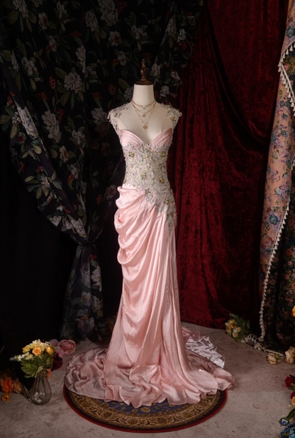 Glam Sweetheart Neck Sheath Pink Long Prom Dresses Satin Applique Pink Evening Dresses ED05174