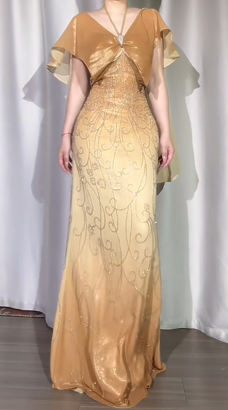 Glam Halter Sheath Gold Long Prom Dresses Glitter Chiffon  Beaded Gold Evening Dresses ED05175