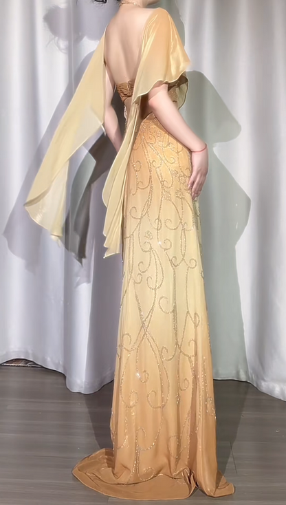 Glam Halter Sheath Gold Long Prom Dresses Glitter Chiffon  Beaded Gold Evening Dresses ED05175