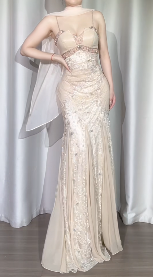 Glam Spagehetti Straps Sheath Long Prom Dresses Glitter Chiffon Beaded Sleeveless Wedding Guest Dresses ED05176