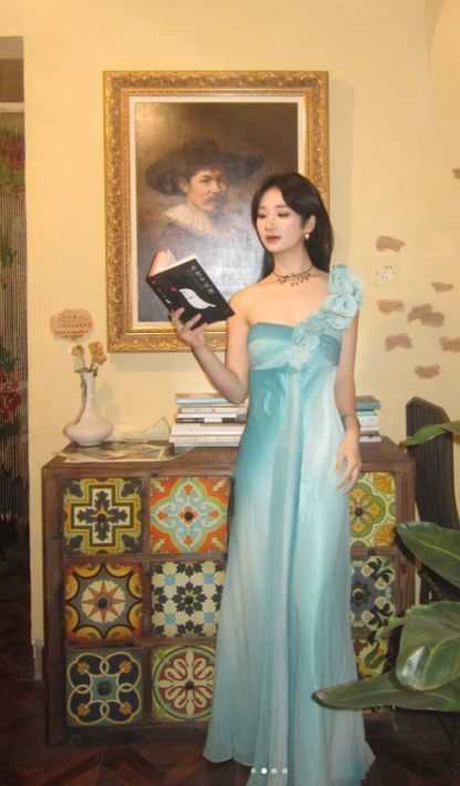 Glam One-shoulder Sheath Long Prom Dresses Chiffon Pleated Sleeveless Wedding Guest Dresses ED05177