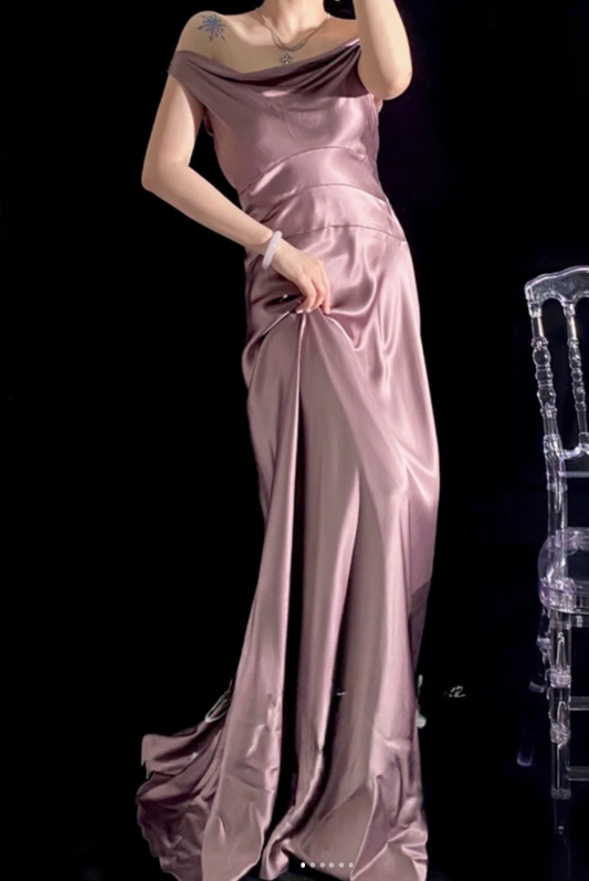 Glam Off-shoulder Sheath Long Prom Dresses Satin Short Sleeves Wedding Guest Dresses ED05178