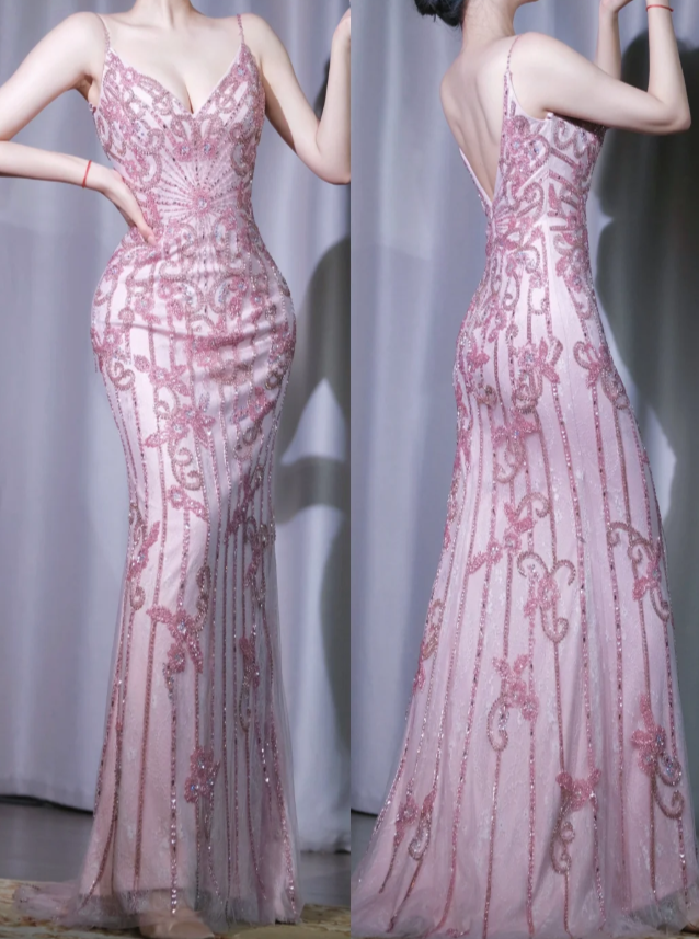 Glam Spaghetti Straps Sheath Long Prom Dresses Tulle Pink Wedding Guest Dresses ED05179