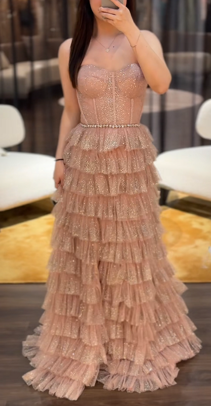 Fairy Sweetheart Neck Sheath Long Prom Dresses Glitter Tulle  Dusty Pink Birthday Dresses ED05180