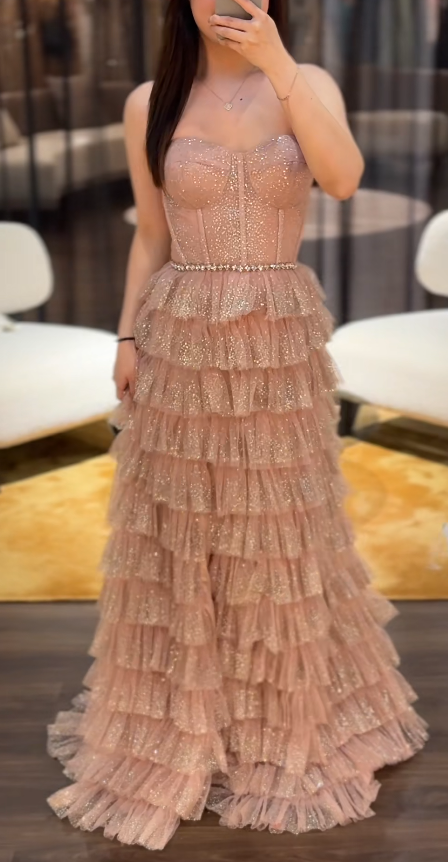 Fairy Sweetheart Neck Sheath Long Prom Dresses Glitter Tulle  Dusty Pink Birthday Dresses ED05180