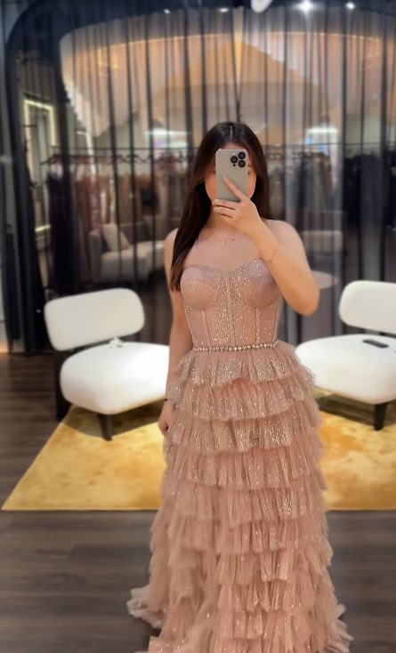 Fairy Sweetheart Neck Sheath Long Prom Dresses Glitter Tulle  Dusty Pink Birthday Dresses ED05180