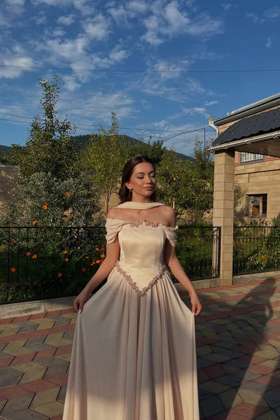 Elegant Off-shoulder A-Line Champagne Long Prom Dresses Satin Champagne Birthday Dresses ED05185