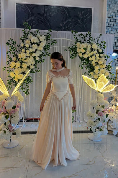 Elegant Off-shoulder A-Line Champagne Long Prom Dresses Satin Champagne Birthday Dresses ED05185