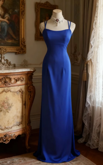 Elegant Spaghetti Straps Sheath Blue  Long Prom Dresses Chiffon Blue Evening Gowns ED05186
