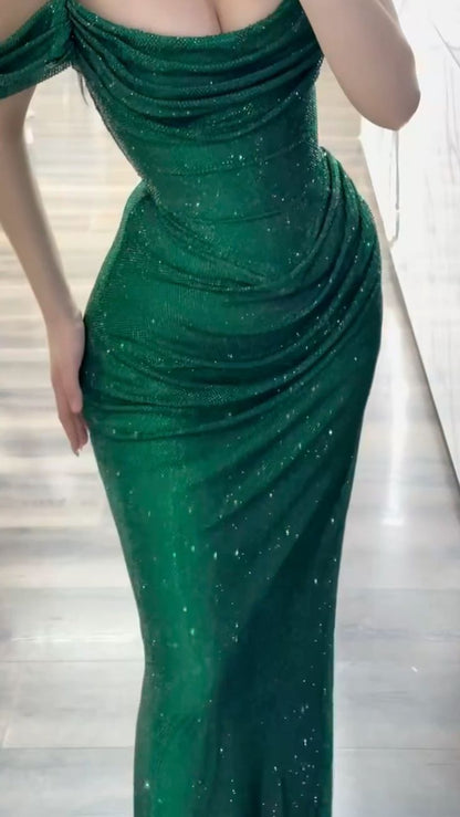 Elegant Off-shoulder Sheath Green  Long Prom Dresses Glitter Tulle Dark Green Evening Gowns ED05187