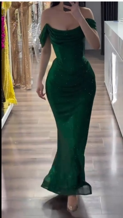 Elegant Off-shoulder Sheath Green  Long Prom Dresses Glitter Tulle Dark Green Evening Gowns ED05187