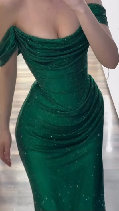 Elegant Off-shoulder Sheath Green  Long Prom Dresses Glitter Tulle Dark Green Evening Gowns ED05187