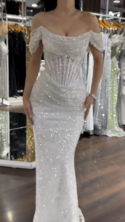 Elegant Off-shoulder Sheath White  Long Prom Dresses Glitter Tulle Beaded White Evening Gowns ED05188