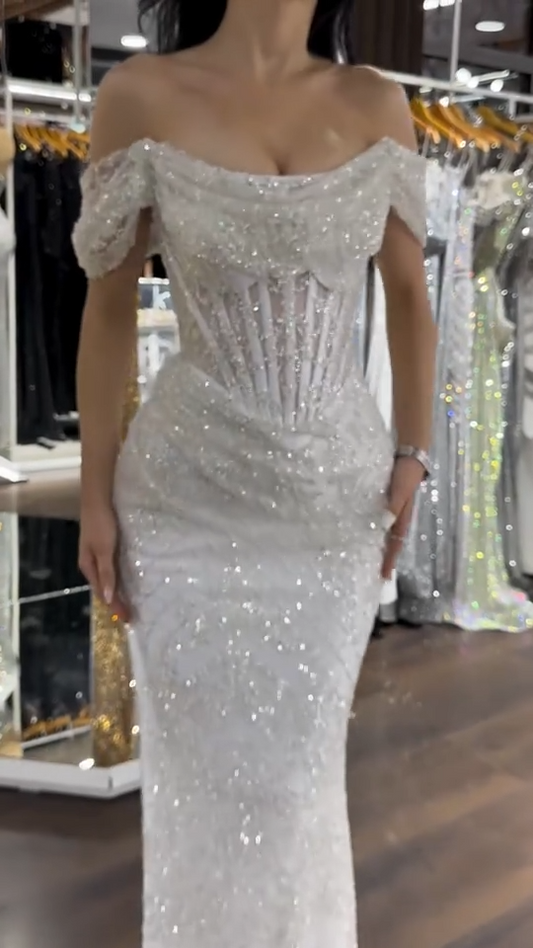 Elegant Off-shoulder Sheath White Long Prom Dresses Glitter Tulle Beaded White Evening Gowns ED05188